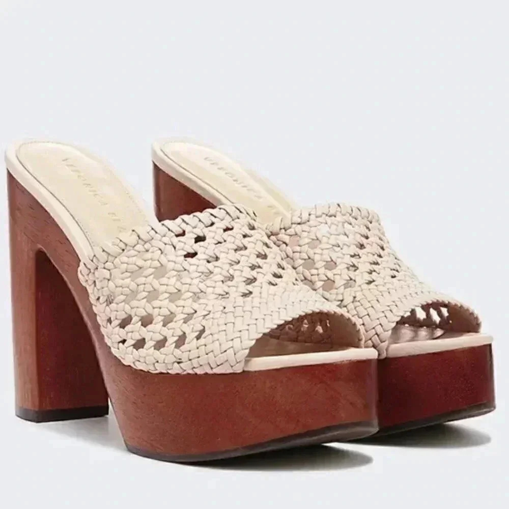 Veronica Beard Cream and Brown Sandals